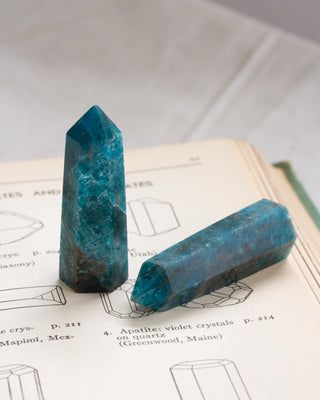 Two blue crystals on an open book with diagrams