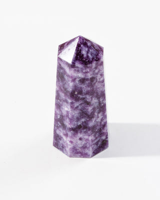 Lepidolite Gemstone Tower on a white background.