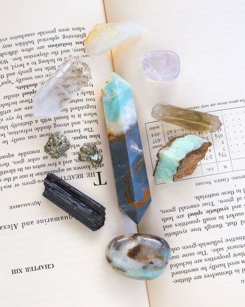 Mineral specimens on an open book