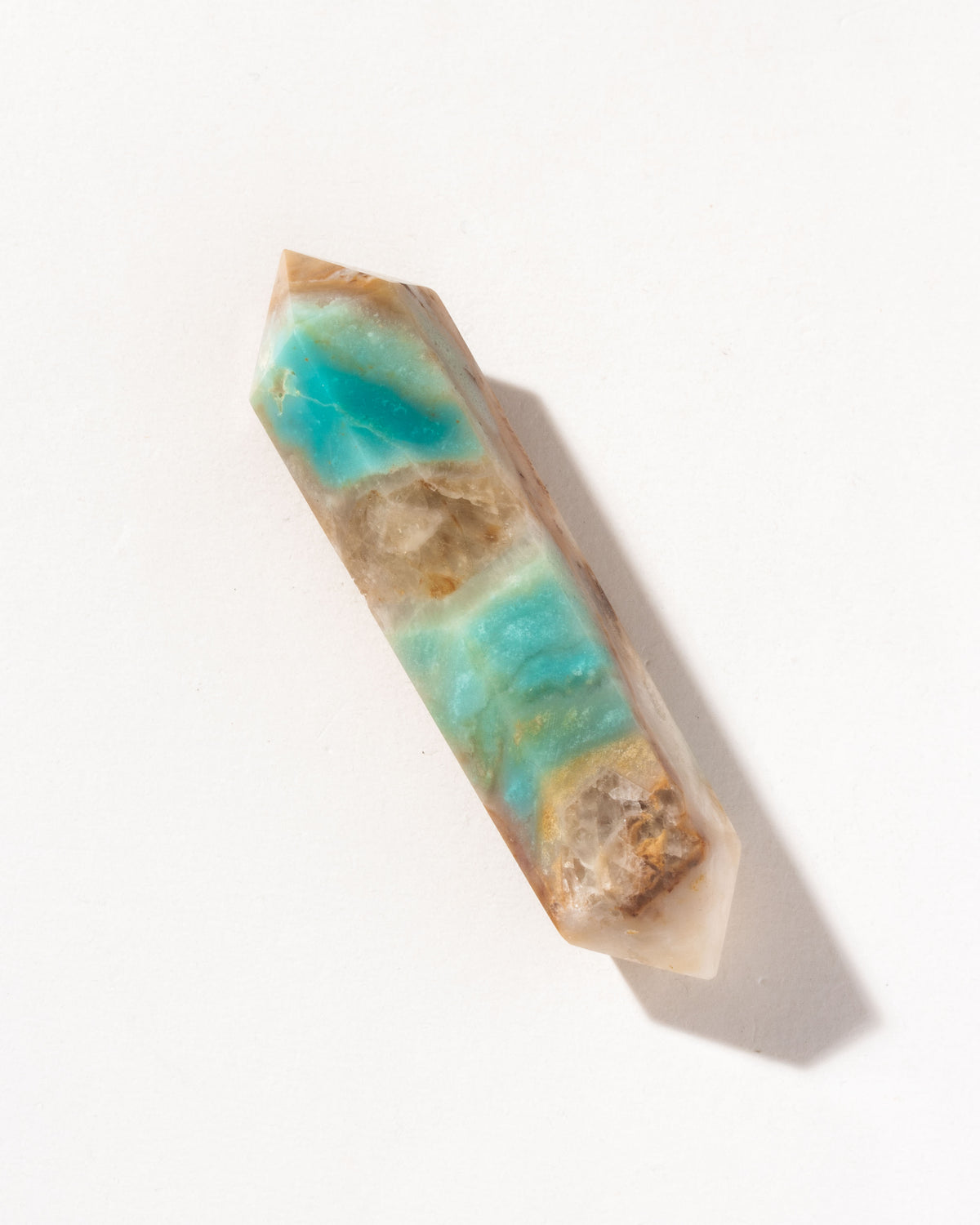 Decorative Quartzite double point wand crystal with green-blue and golden brown patterns