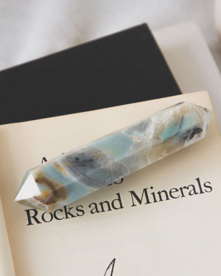 Decorative Quartzite double point wand on a book titled 'Rocks and Minerals'