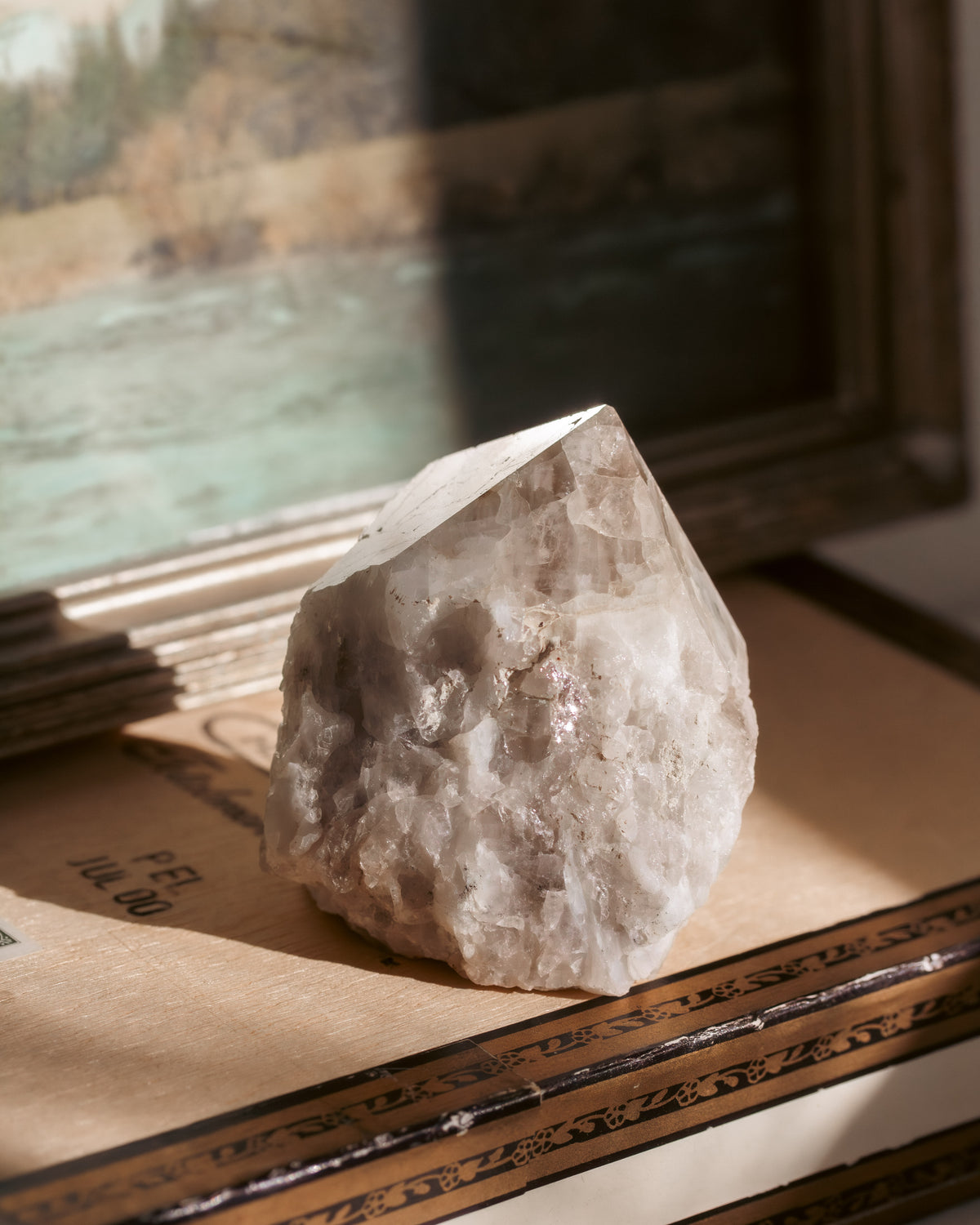 A raw, rough white quartz crystal point resting on vintage books in warm, natural sunlight.