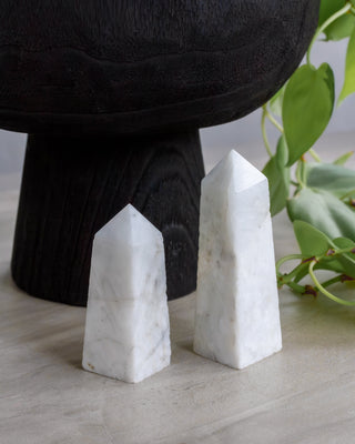 Two white stone obelisks on a light surface with a black pedestal and green leaves in the background.