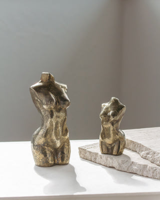 Pyrite female form gemstone sculpture tower in 2 sizes.