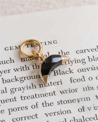 Black onyx earring charm with a crescent shape and attached to gold-plated hoop closures, displayed on a book page with text.