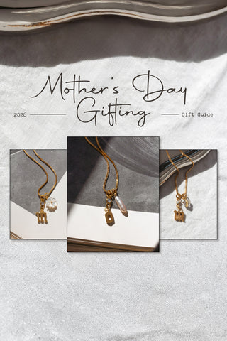 Gold chain necklaces with gold gothic letter charms that spell out "mom" on a neutral background with cursive 'Mother's Day Gifting: Gift Guide 2026' text.