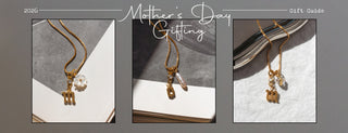 Gold chain necklaces with gold gothic letter charms that spell out "mom" on a neutral background with cursive 'Mother's Day Gifting: Gift Guide 2026' text.