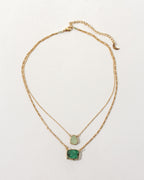 Emerald Sea Layered Necklace featuring green gemstones on a gold chain.
