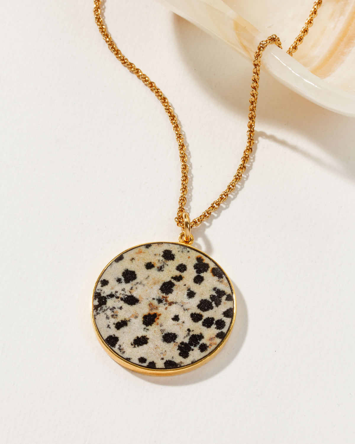 Spot On Medallion Necklace with a Dalmatian stone pendant and gold chain.
