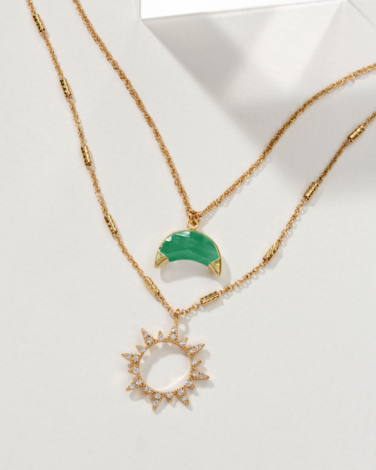 Live by the Sun, Love by the Moon Necklace Set with Green Chalcedony moon pendant.