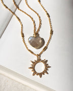 Gold necklace set with coffee moonstone heart and clear CZ sun charm pendant.