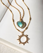 Gold layering necklace set with labradorite heart and clear CZ sun charm pendants