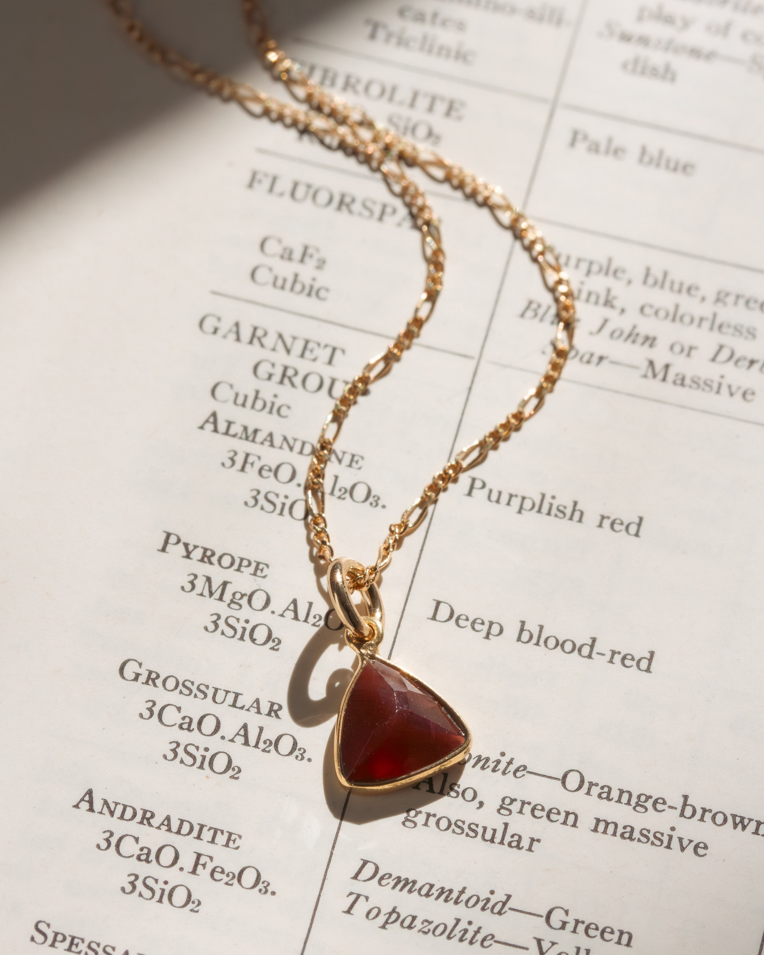 Gold necklace with a Garnet gemstone triangle pendant.