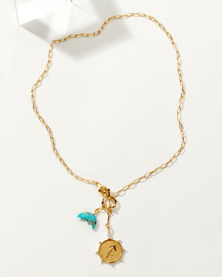 Sagittarius Zodiac symbol gold plated toggle necklace with turquoise crescent moon by Luna Norte