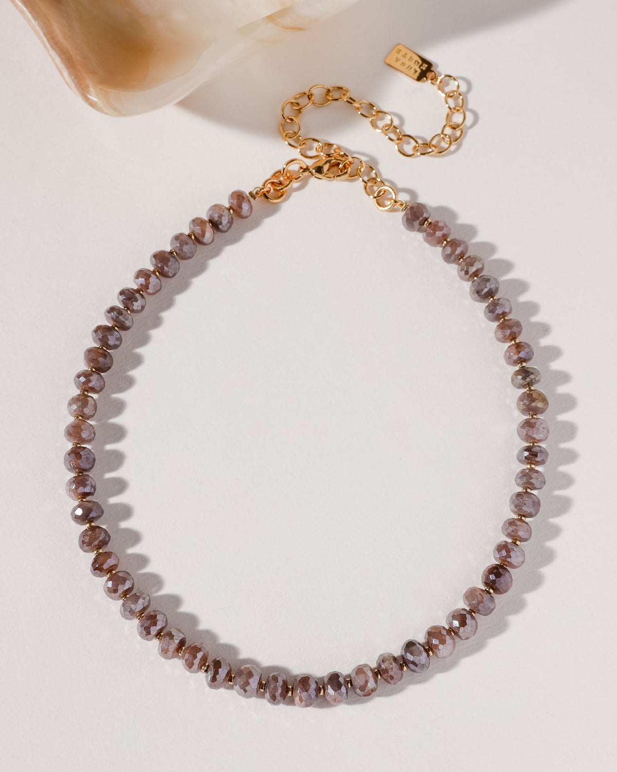 Java Jewel beaded collar necklace in Coffee Moonstone with a gold chain.