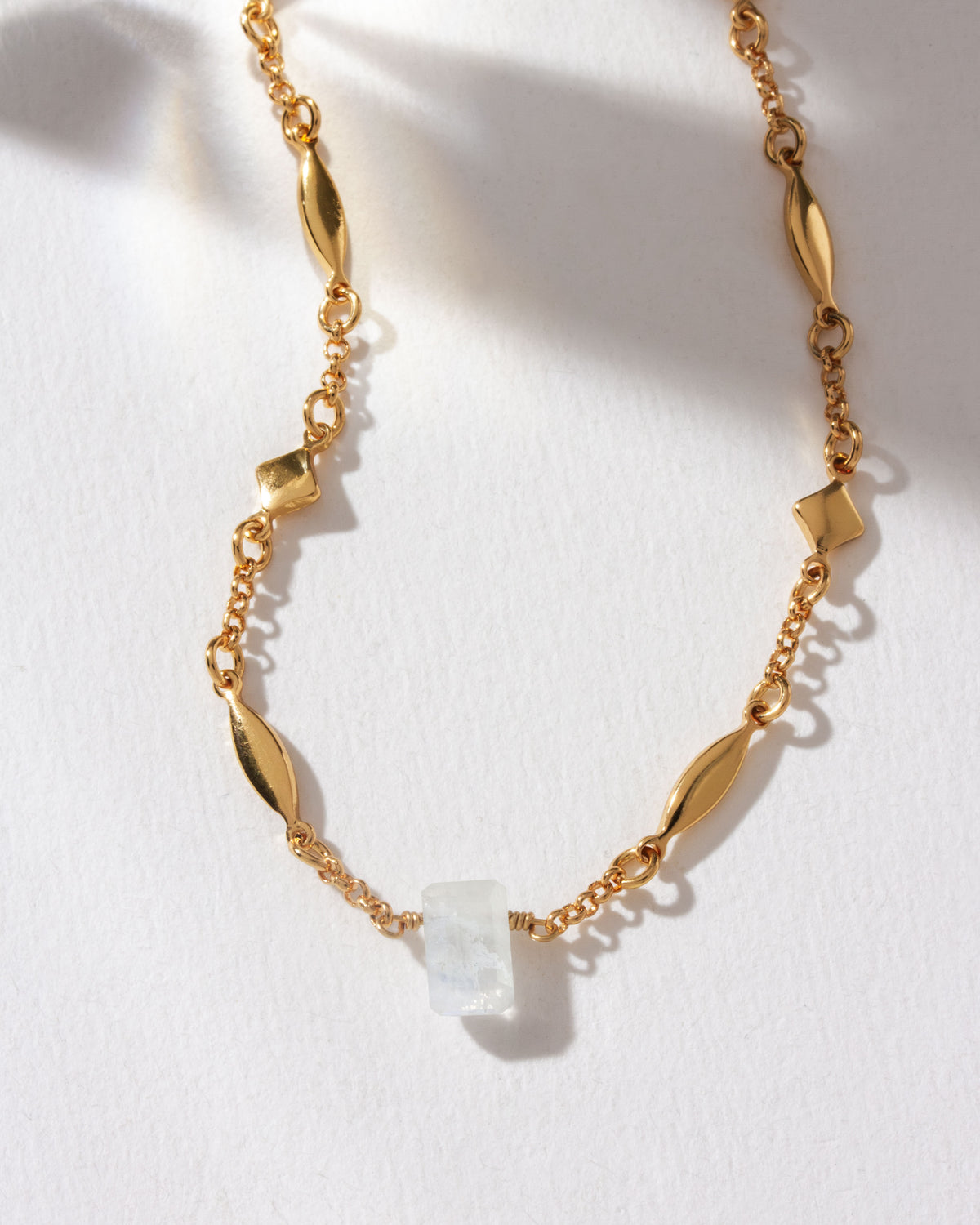Prism Gems necklace with a gold chain and a Moonstone gemstone pendant.