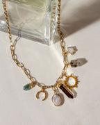 Earthly Treasures necklace with pearl, emerald, smoky quartz, Herkimer quartz, and moonstone charms
