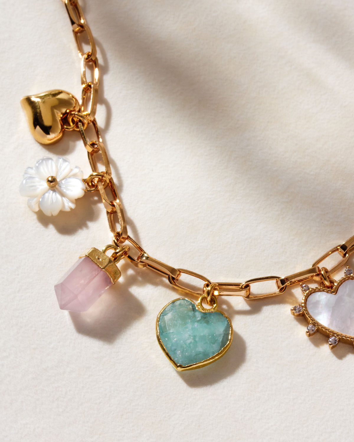 Gold paperclip necklace with aquamarine, pearl, rose quartz, and mother-of-pearl charms