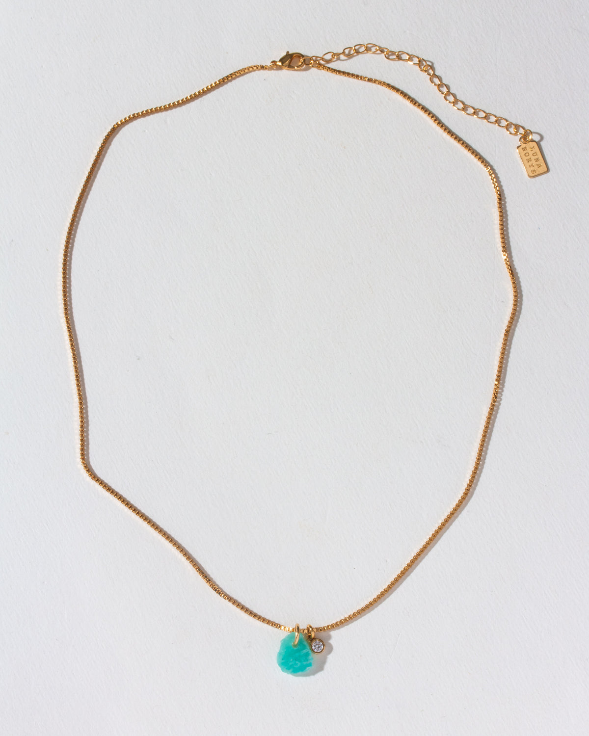 Untamed Gemstone Box Chain Necklace with an Amazonite gemstone and CZ charm.