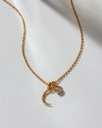 A gold chain necklace with a crescent moon and small clear gem charm.