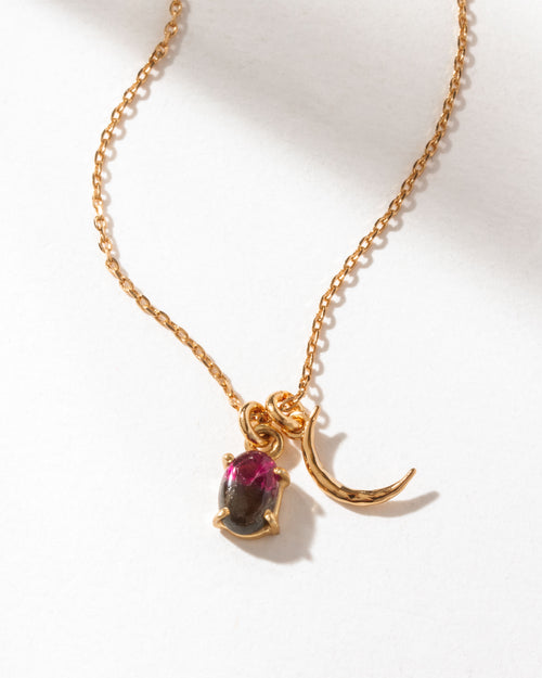Gold chain necklace with a watermelon tourmaline gemstone and gold crescent moon charm.