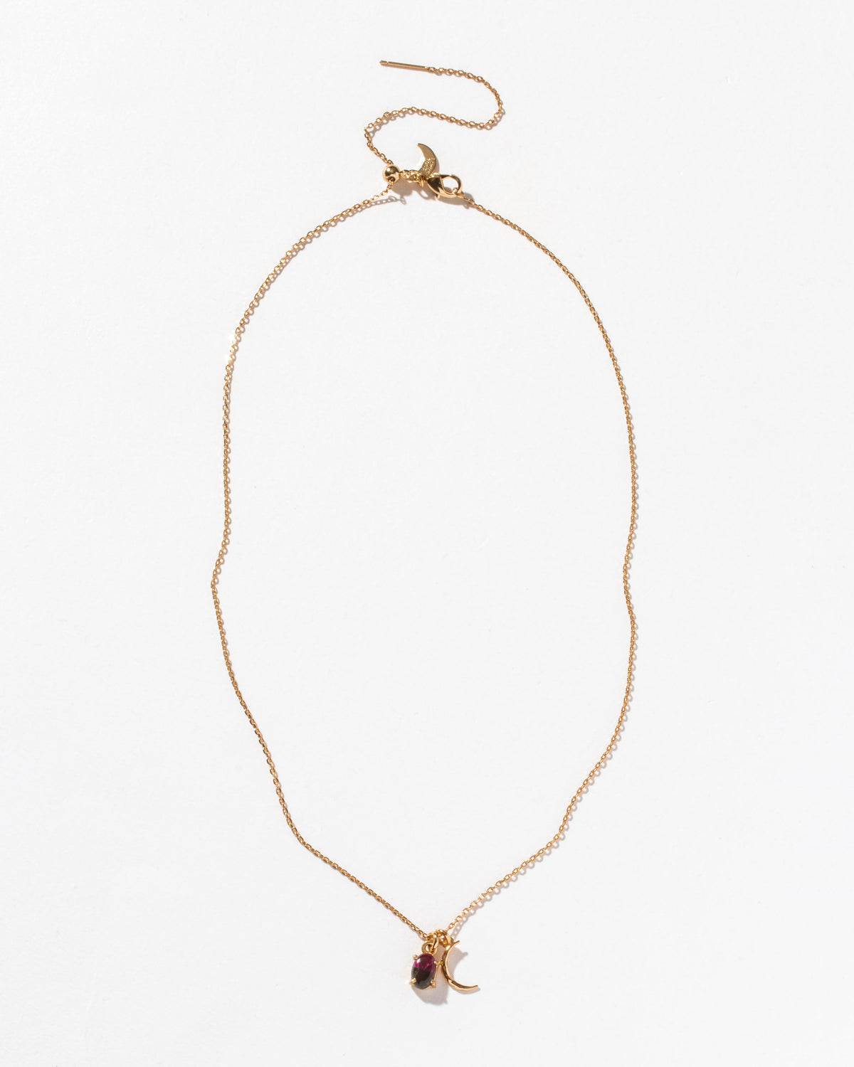 Gold chain necklace with a Watermelon Tourmaline gemstone and crescent moon charm.