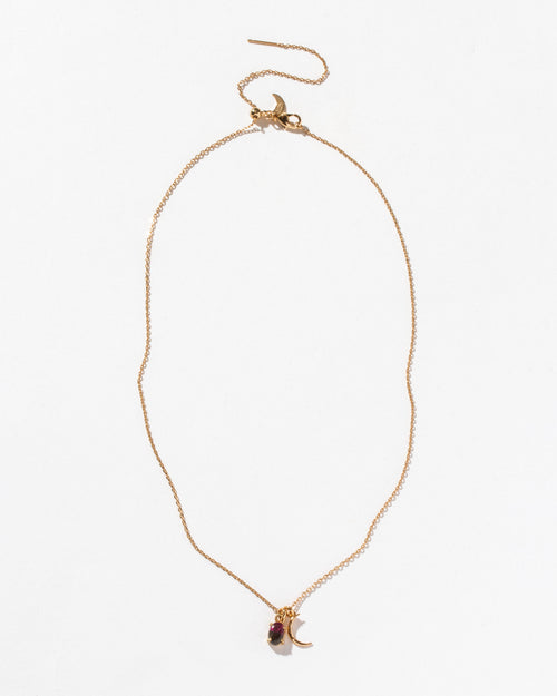 Gold chain necklace with a Watermelon Tourmaline gemstone and crescent moon charm.