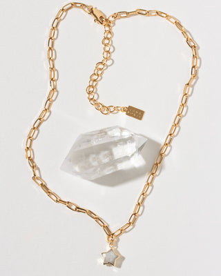 Gold thicker paper clip chain with moonstone star charm focal point.