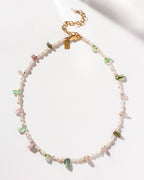Necklace with watermelon tourmaline stones and freshwater pearls.