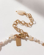 Close up of the Perfect Pairing Opal and Pearl Beaded Necklace clasp and extender.