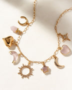 Love and Light Charm Necklace with rose quartz, heart, sun, moon and star charms.