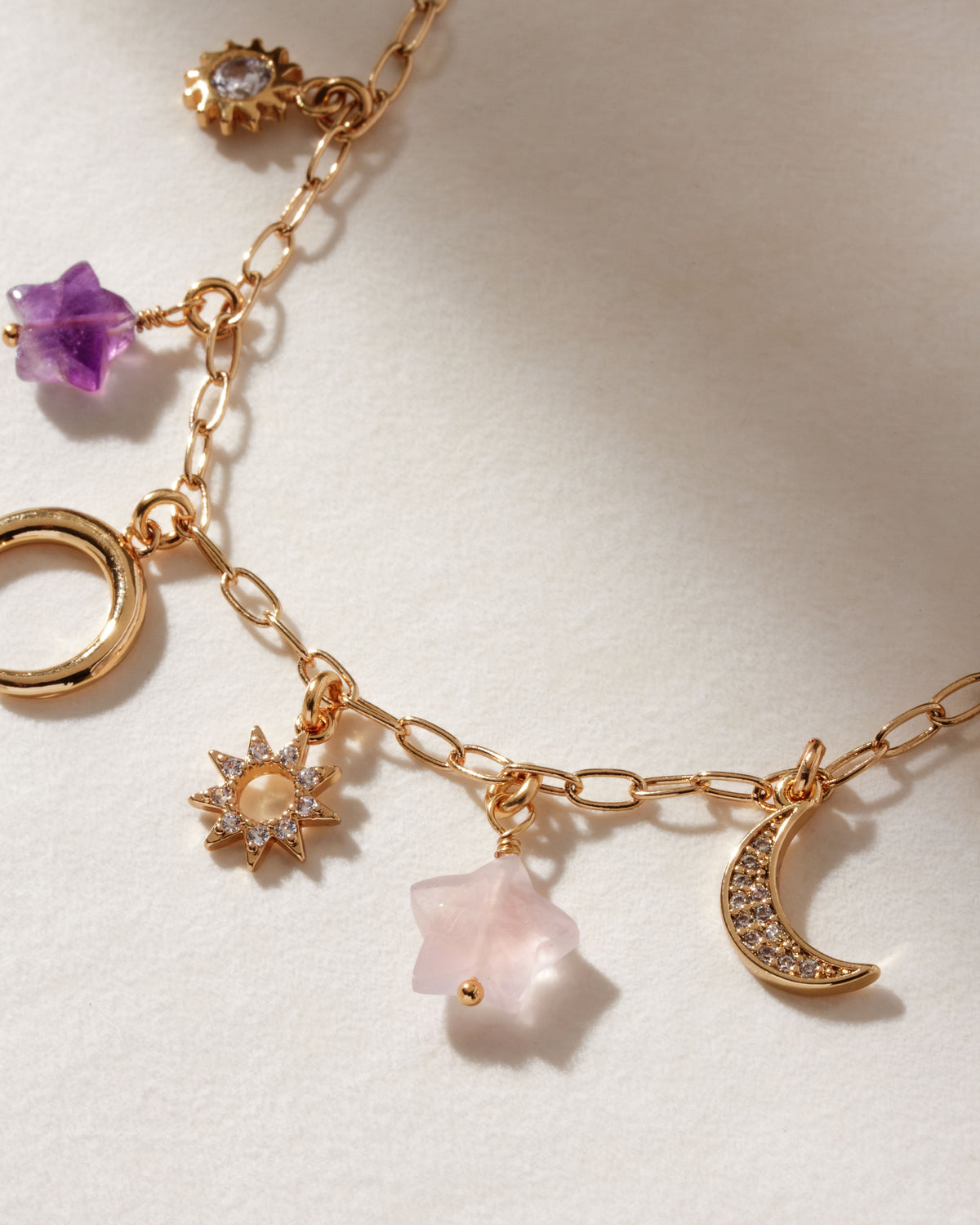 Starlit Trail Charm Necklace with Amethyst, pink star, sun