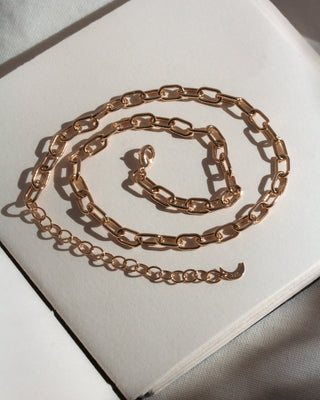 Gold chain necklace on a light gray background