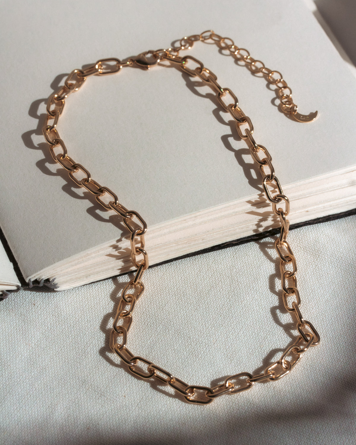 Gold chain necklace on a light gray surface