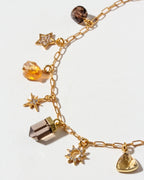 Gold necklace with various CZ, Smoky Quartz, and Citrine charms on a white background