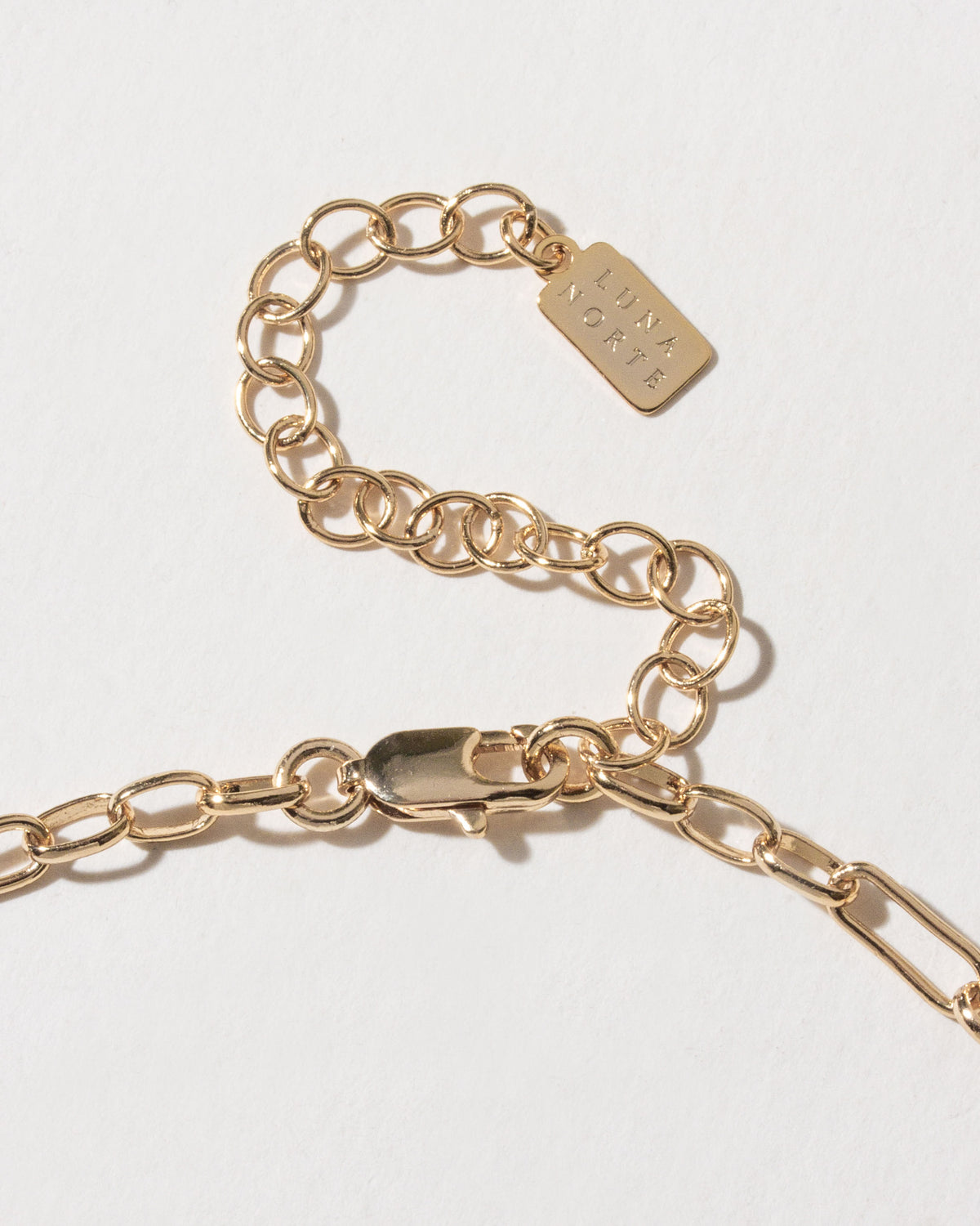 Close-up of the Onyx & Moonlight Charm Necklace's gold clasp and chain extender, with a brand tag.