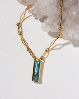 Gold necklace with a blue pendant on a white background