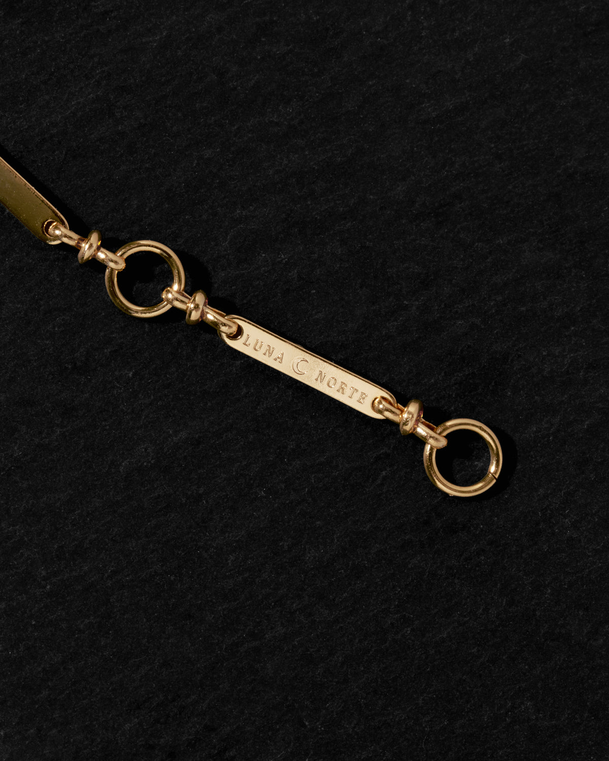 A close-up of a gold-toned metal chain link with a rectangular bar engraved with 'Luna Norte' and two circular rings, set against a textured black background.