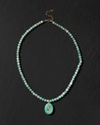 Mint color genuine amazonite beaded gemstone necklace with oval pendant and clear CZ center.