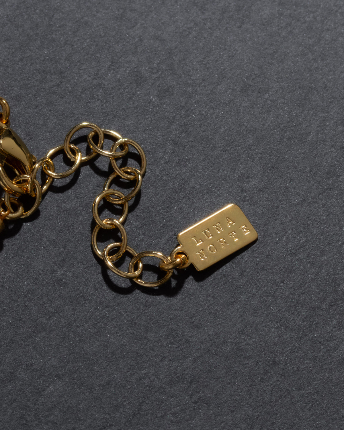Gold chain extender detail with a Luna Norte tag on a dark gray background