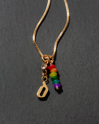 Gold necklace with rainbow charm and the letter 'd ' initial charm on a dark background