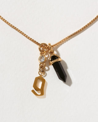 Necklace with gold 'g' charm, black crystal pendant, and small round CZ charm on a white background