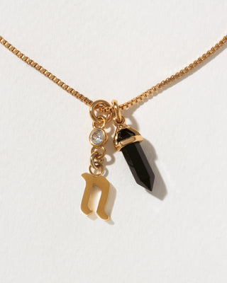 Necklace with gold charm, black crystal, and gothic font letter 'n' on a white background