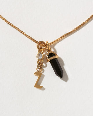 Necklace with gold charm, black crystal, and letter 'Z' on a white background