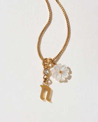 Gold necklace with a flower and letter 'n' pendant on a light background