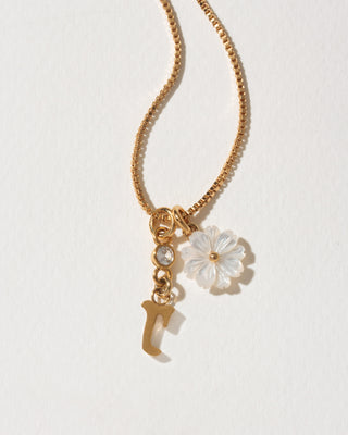 Gold necklace with a flower and letter 'r' charm on a light background