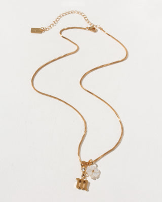 Gold necklace with a small 'm' pendant on a light gray background