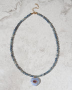 Kyanite beaded gemstone with blue lace agate heart pendant necklace.