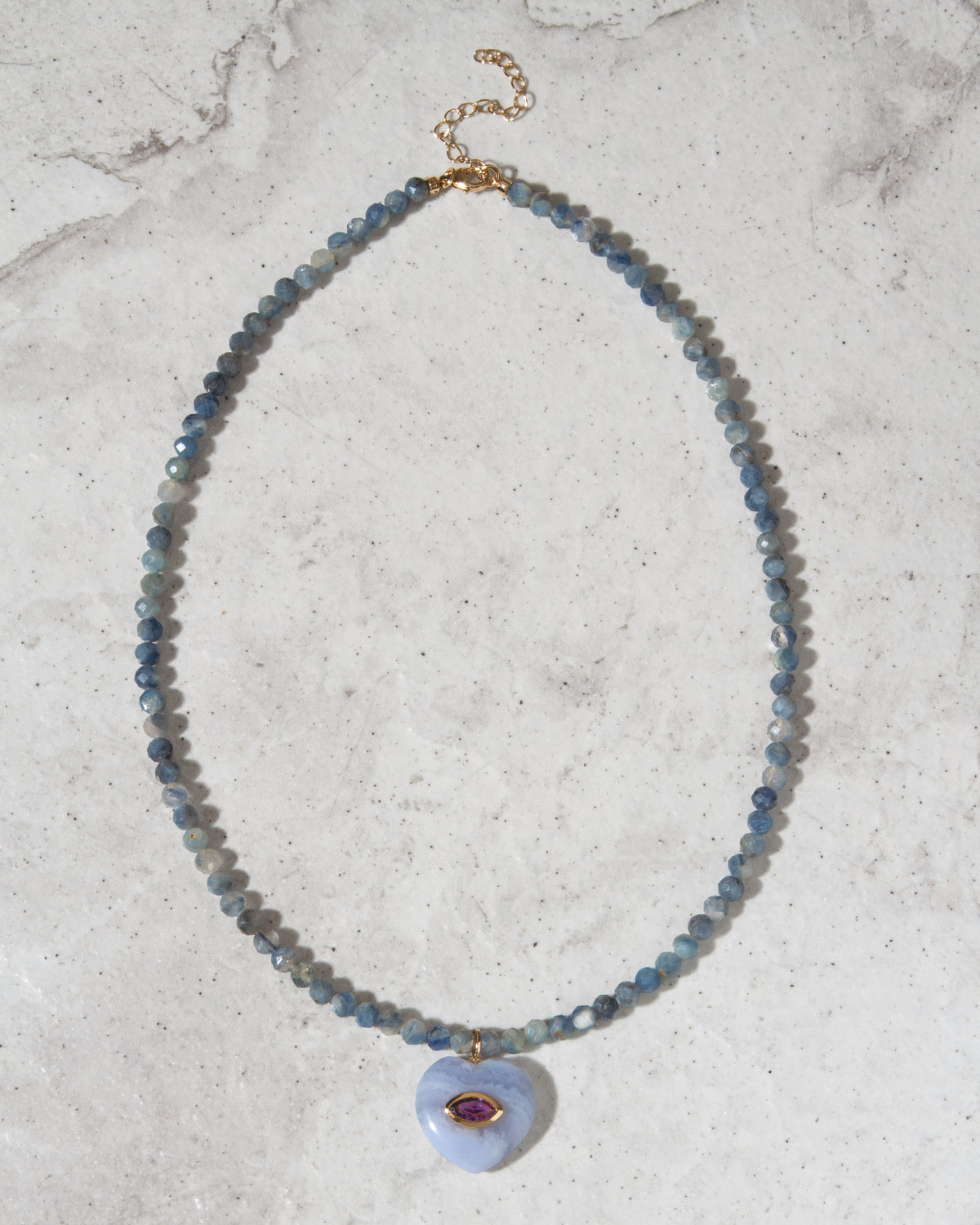 Kyanite beaded gemstone with blue lace agate heart pendant necklace.