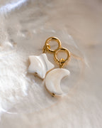 Mother-of-pearl star and crescent moon earring charms on gold hoops